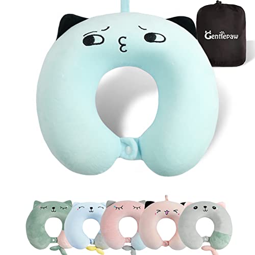 Gentlepaw Neck Pillow, Neck Pillow Children for Travel on Plane, Car, Train, Memory Foam Travel Pillow, Adult, U-shaped Pillow with Cute Animal Motif, Pillow Removable Cover (Blue2)