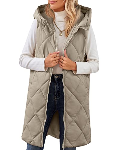 Merokeety Womens Winter Mid Long Zipper Puffer Vest Hooded Sleeveless Lightweight Jacket Coats, Khaki, S #TOP1