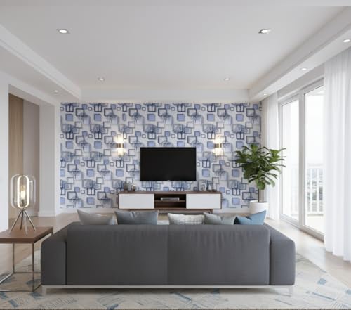 Image of 3D Frames Design Self-Adhesive Wallpaper 45x300cm | Decorative Vinyl Wall Sticker for Living Room, Bedroom & Hallway | Blue Cube Pattern DIY Wall Covering