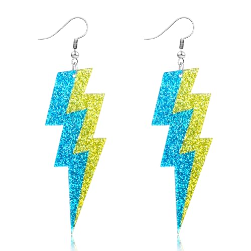Mintolex 80s Neon Earrings for Women Acrylic Lightning Bolt Drop Earrings Retro 80s 90s Glow Party Accessories Neon Jewelry for Halloween Costume Outfit, Blue Yellow