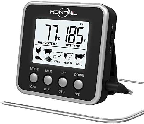 Honohil Digital Meat Thermometer for Cooking and Grilling, Kitchen Food Candy Oven BBQ Grill Thermometer for Smoker Baking Liquid with Stainless Steel Probe Instant Read Magnetic Battery Timer Black