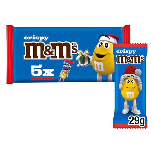 M&M’s Milk Chocolate Crispy Santa Multipack, Crispy, Creamy Filled Chocolate Bars, Secret Santa or Stocking Stuffer Gift, 5x29g
