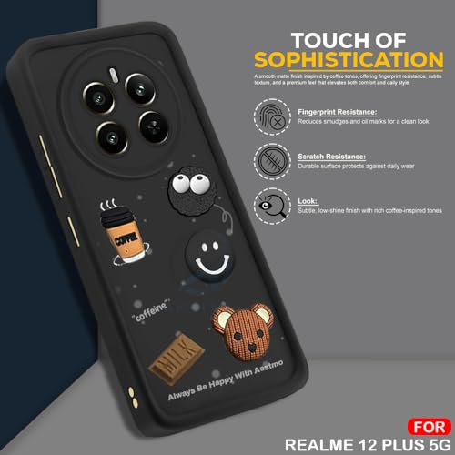 Image of AESTMO Back Case Cover for Realme 12 Plus / P1 / Narzo 70 /70 Pro 5G | Cute Fun Cartoon 3D Ball | Coffee Silicone Case | Full Body Protection | Camera Protection Back Cover (Black)