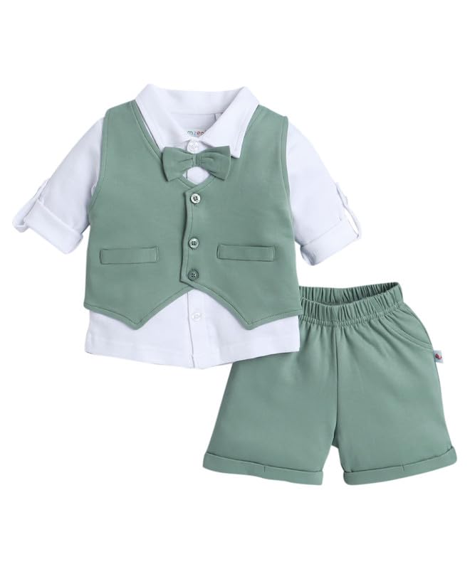 Image of BUMZEE Boys Regular Fit Full Sleeves Collar Neck Cotton Shirt Waistcoat & Short Set With Applique Bow