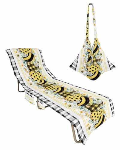Black Plaid Bee Beach Lounge Chair Towel Cover, Soft Chaise Lounge Towel with Side Pockets Patio Pool Chairs Cover for Beach/Pool Sunbathing 29x85 Love Green Eucalyptus Yellow Daisy Floral