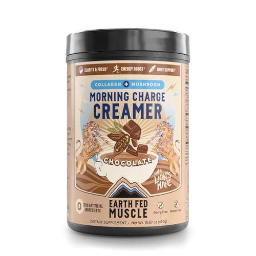 Earth Fed Muscle Morning Charge Chocolate Protein Coffee Creamer with Collagen & Lions Mane -...