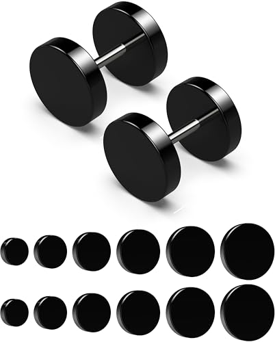 Faux Gauges For Women Men Ears - Mens Black Stud Earrings - Fake Gauge Earrings For Men Ear Tunnel - 6 Pairs In Sizes 5mm-10mm With 16g Surgical Stainless Steel Cheater Bar Aretes Negros Para Hombre