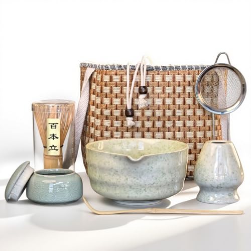 Matcha Whisk Set Portable, 7 Pcs Matcha Tea Kit with Handmade Rattan Bag, Matcha Bowl with Spout, Tea Powder Jar, Bamboo Whisk, Holder, Scoop, Sifter, All Macha Making Accessories, Matcha Starter Set