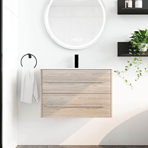 Ssline Wall Mounted Bathroom Vanity With Sink Modern 30" Floating Bathroom Vanity With Top Basin & Storage Drawers White Oak Wood Hanging Bath Cabinet W/Gel Sink And Silver Handle For Small Space #TOP10