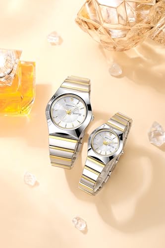 Image of Giordano Analog Pair Watch for Unisex with Round Dial, Crystal Indices, Date Display and Stainless Steel Strap