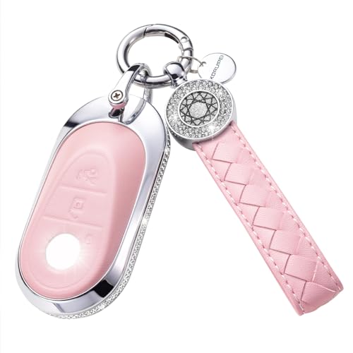 RUABIBAN Compatible with Mercedes Benz Key Fob Cover with Keychain, Pink Genuine Leather Crystal Key Case Protection Shell Fit for 2020 2021 2022 Mercedes Benz S G E Class Smart Remote Key