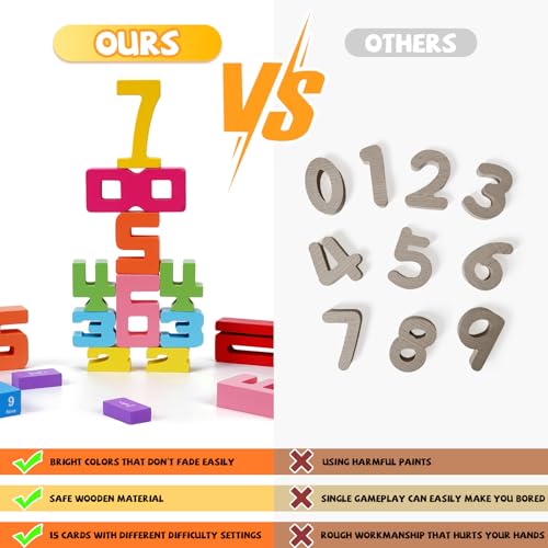 Azazaza Wooden Number Blocks, Montessori Building and Stacking Toys Puzzle for Kids 3+ Years Old (20 Pieces, 15 Cards) - Image 4