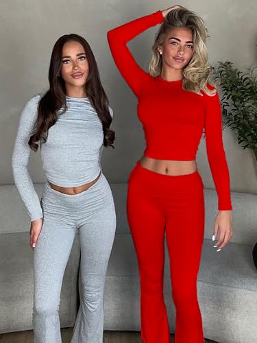 BORIFLORS Women's Workout 2 Piece Lounge Sets Long Sleeve Tops Foldover Flare Pants Casual Outfits Tracksuit3