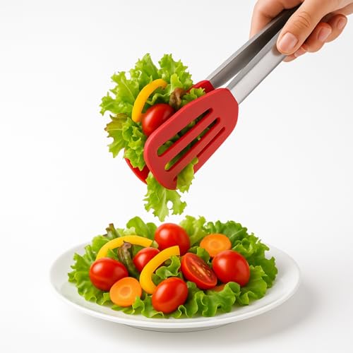 Pinzas de cocina, Pinzas de barbacoa, Pinzas para cocinar, Material acero inoxidable con silicona, Aptas para alimentos, Pinza Ensalada, Libre de BPA, Rojo