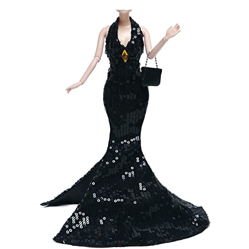 Gorgeous Handmade Doll Dress, Doll Clothes Evening Gown with Sequin Fashion Show, Wedding Party Outfits for 11.5 inch Doll Accessories (Black)