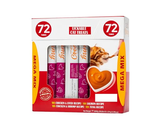 Lickable Cat Treats | Creamy Squeeze Tubes 0.5 oz Each | High Protein, Grain-Free, Hydrating Cat Snack | Hand-Feed or Serve | Amino Acid-Rich, 4 Flavor Mix – 72 Count Variety Pack