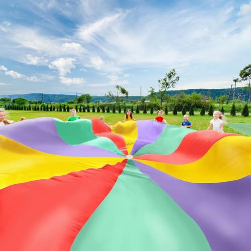 Image of Fitfix Kids Play Parachute 4 feet to 24 feet with Handles and Carry Bag for Cooperative Play and for Upper-Body Strength (30 Ft)