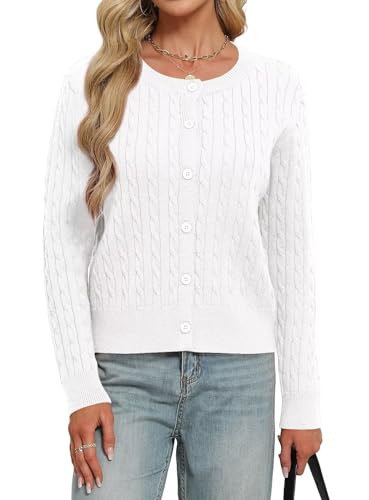 LEEDYA Women Long Sleeve Cable Knit Cardigan Button Down Open Front Cropped Sweater Crewneck Fall Jacket Tops Outfits