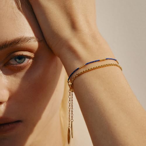 Bracelet lapis lazuli et or 18k pour femme avec chaine ajustable bleu marine