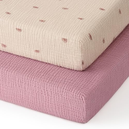 Image of Blissful Diary Muslin Mini Crib Sheets, Pack and Play Mattress Sheets Fitted for Pack N Play, Soft Cotton for Boys Girls, 2 Pack(Sunshine&Blush Pink)