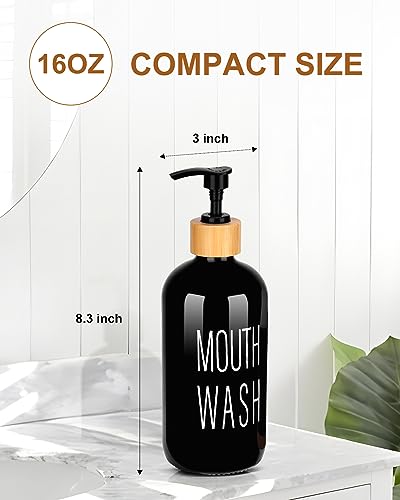 ポンプマウスウォッシュディスペンサー、バスルームカウンタートップ用ガラスマウスウォッシュ容器、マウスウォッシュボトルデキャンタ、ブラック、プリントフォント