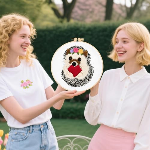 Image of Cute Hedgehog Embroidery Kits for Beginners Adults, Animals Embroidery Starter Kits, Counted Cross Stitch Kits for Beginners DIY Craft Kits for Adults Women, Embroidery Hoops, Thread & Video Tutorial