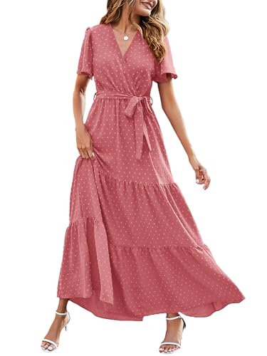 MASCOMODA Women Boho Swiss Dot Maxi Dresses Wrap V Neck Flutter Short Sleeve Solid Tie Waist A Line...