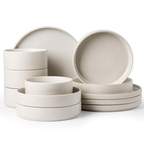 Image of Famiware Star 12-Piece Stoneware Dinnerware Sets for 4 - Dinner Plates, Pasta Bowls, Cereal Bowls, Dishes for Everyday & Formal Use, Chip & Scratch Resistant, Microwave & Dishwasher Safe, Matte White
