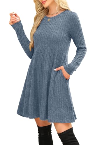 Image of OFEEFAN Long Sleeve Dress for Women Crew Neck Empire Waist Tunic Dress with Pockets