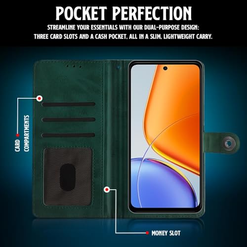 Image of WOW IMAGINE Shock Proof Flip Cover Back Case for Vivo T4x 5G | iQoo Z10x 5G | Vivo Y31 Pro 5G (Magnetic Button Flip Case | Wallet Pockets & Stand | Leather Finish | Forest Green)