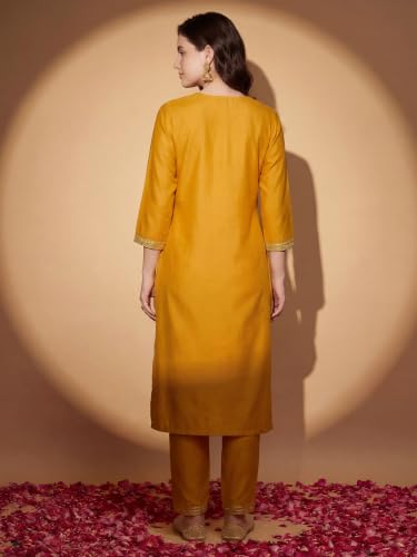 Image of INDO ERA Women's Silk Blend Embroidered Zari Work Straight Kurta & Pant Set | Cord Set For Women