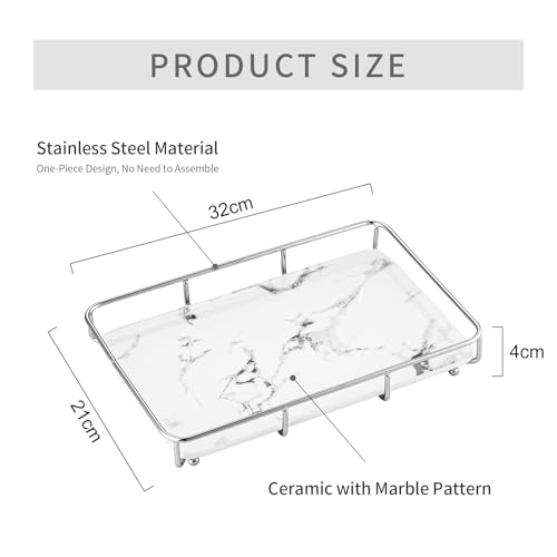 Dobbyby Vanity Tray Makeup Organizer Cosmetics Storage Bathroom Skincare Organizer Countertop Display Rack in Dresser Stainless Steel Shelf Marble Print Ceramic Trays by Dobbyby - Used condition - Image 6