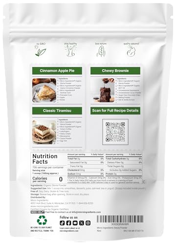 Micro Ingredients Pure Organic Stevia Powder, 4 Ounces, 706 Serving, Highest Grade Stevia Green Leaf Extract Reb-A, Reduced Bitter Aftertaste, 0 Calorie, Natural Sweetener, Sugar Alternative, Keto Friendly