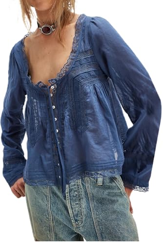 Blue Lace Tie Front Top Y2k Coquette Long Sleeve Button Up Chiffon Cardigan Flowy Boho Peplum Going Out Tops for Women