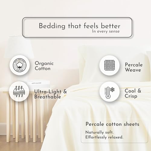 Image of Linen Closet 100% Organic Cotton Queen Sheets Set, 4 Pieces, Fresh Ivory - Percale Bed Sheets & Pillowcases Set - Up To 16 inch Deep Pocket Fitted Sheet - Cooling, Crisp & Breathable - For Hot Sleepers