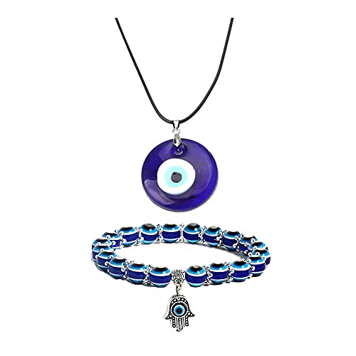RUIZHEN 2 Pcs Blue Beads Evil Eyes Bracelet Hamsa Hand of Fatima Bracelet Glass Charm Evil Eye Leather Cord Necklace Protection Jewelry Set (30mm Eye Charm)