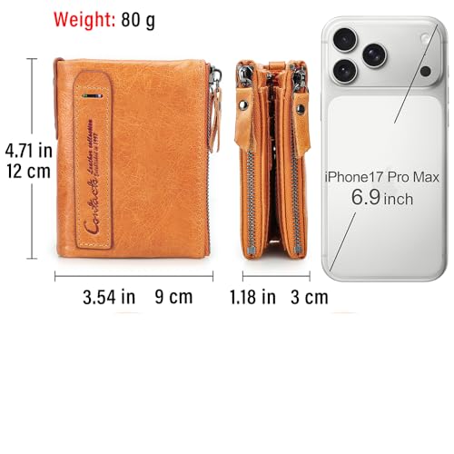 Image of CONTACTS Soft Leather Wallet for Women Small Bifold Coin Purse Double Zipper Card Holder with RFID Blocking (Light Orange)
