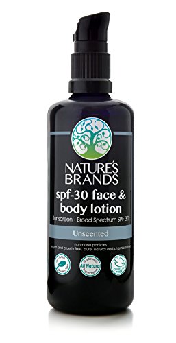 Natural SPF-30 Face & Body Lotion by Herbal Choice Mari (Unscented, 3.4 Fl Oz Glass Bottle) - Made with Organic Ingredients - No Toxic Synthetic Chemicals - TSA-Approved Travel Size