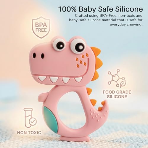 Image of Baybee Silicone Baby Teether for Teething Gums, Manhattan Teething Rattle Toy with Loops Ring, 100% Food Grade Silicone & BPA Free Teether Toy for Babies, Chew Teether for 6 to 12 Months (Dinosaur Pink)