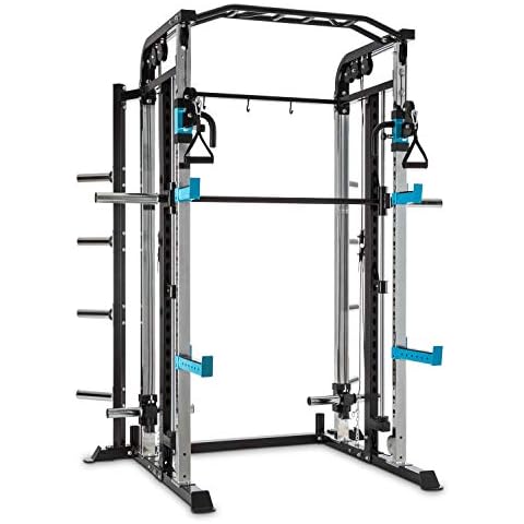 CAPITAL SPORTS Amazor Power Rack - multifunktionaler Power Cage, Power Rack mit Kabelzug, Safety Spotter: max. 500 kg, J-Cups: max. 350 kg, Klimmzugstange: max. 150 kg, Stahl, schwarz/blau Cover