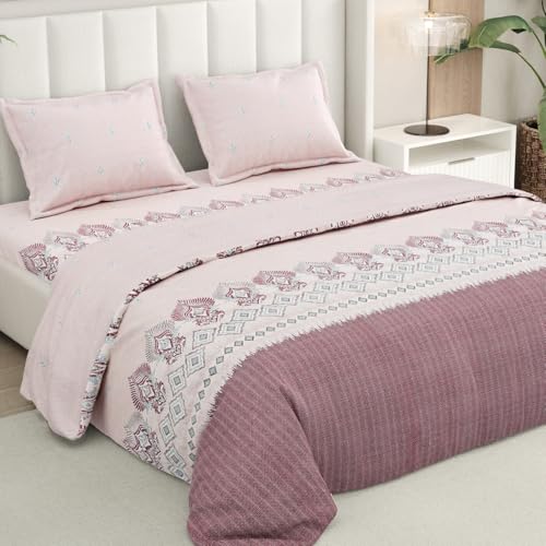 Image of Rivermoor 144 TC Cotton Bedsheet for Double Bed | Queen Size Bed Sheet with 2 Pillow Covers | Pink Ethnic Floral Pattern | 98 x 100 Inches