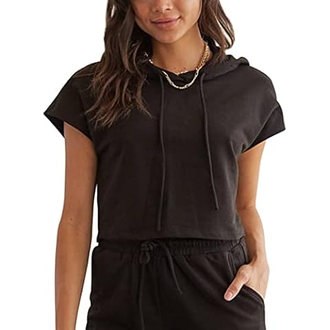 Women's Sports Cropped Hoodies Workout Fitness T-Shirts Sweatshirt Drawstring Tops Black M Cover