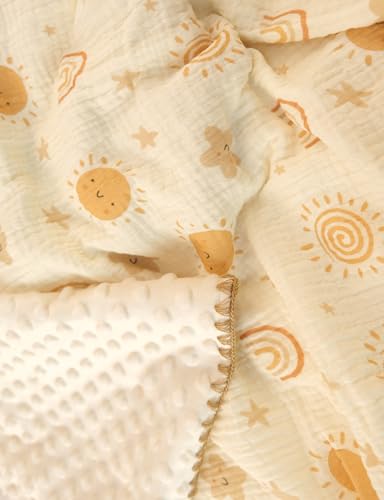 Image of Baby Blanket 40x40 Inches,Muslin Cotton and Minky Dotted Double Layer Soft Receiving Blanket for Newborn Toddler,Boho Sky