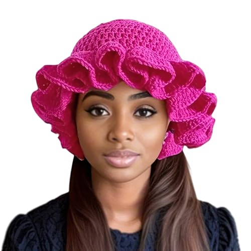 Image of Women Crochet Bucket Hat Cute Winter Ruffled Brim Floppy Cap Handmade Knit Cloche Hats