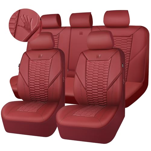 Image of CAR PASS 3D Foam PU Leather Car Seat Covers Full Set,Luxury Breathable Faux Leather Seat Covers for Car,Anti Slip Universal Fit for SUVs Vans Sedan Trucks Automotive,Armrest Airbag Compatible Burgundy