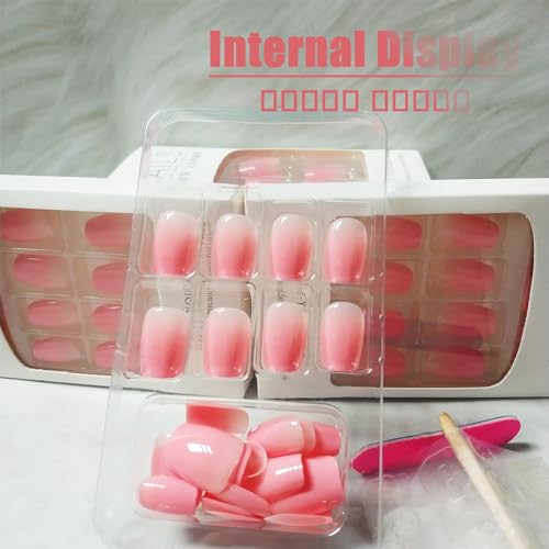24Pcs Gradient Press on Nails with Ombre Design, Gradient Manicure Art Acrylic Short Coffin Full Cover Fake Nails Stick on Nails Glossy Pink Ombre False Nails Gel Glue on Nails for Women Girls - Image 5