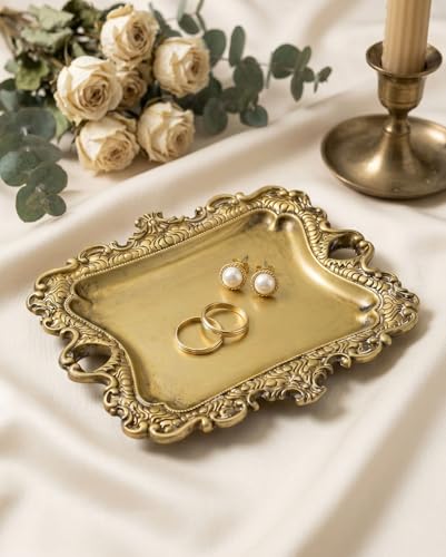 XOSQEF 8x7 inch Vintage Gold Jewelry Tray, Middle Decorative Trinket Dish