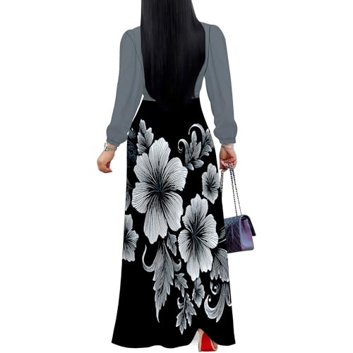 Image of Women's Plus Size Maxi Dresses Long Sleeves V Neck Floral Print Bohemian Swing Long Dress with Belt