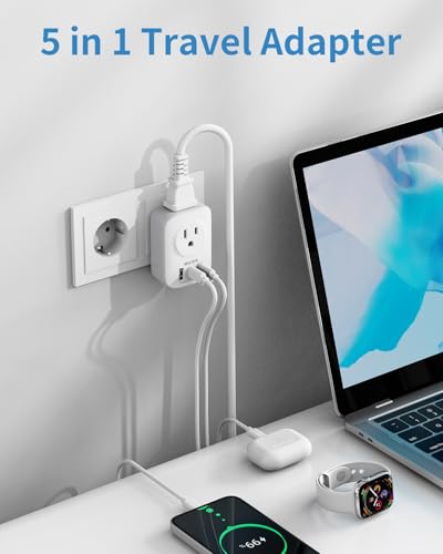 European Travel Plug Adapter, International Power Adapter for Germany/France, Travel Adapter with 3 USB Ports (2 USB C), Plug Adapter for European Travel, Adapt to Icaland/South Korea/Greece2