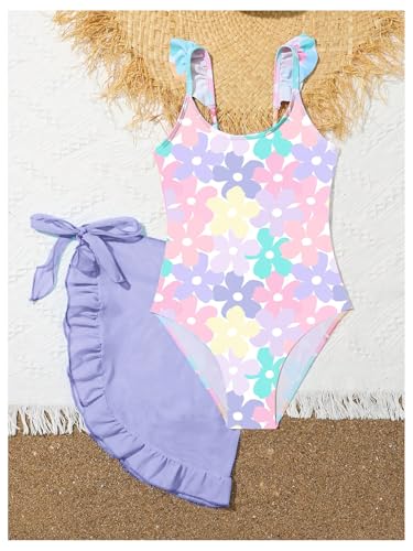 MakeMeChic Girl's One Piece Swimsuit Floral Print Ruffle Sleeveless Monokini with Cover Up Skirt3